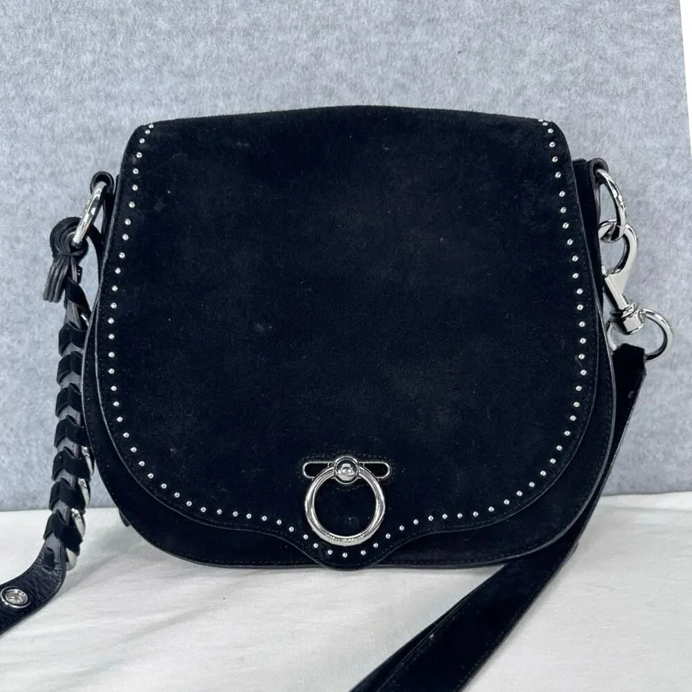 Rebecca Minkoff Large Jean Saddle Bag Black Suede BOHO Western Silver Accents